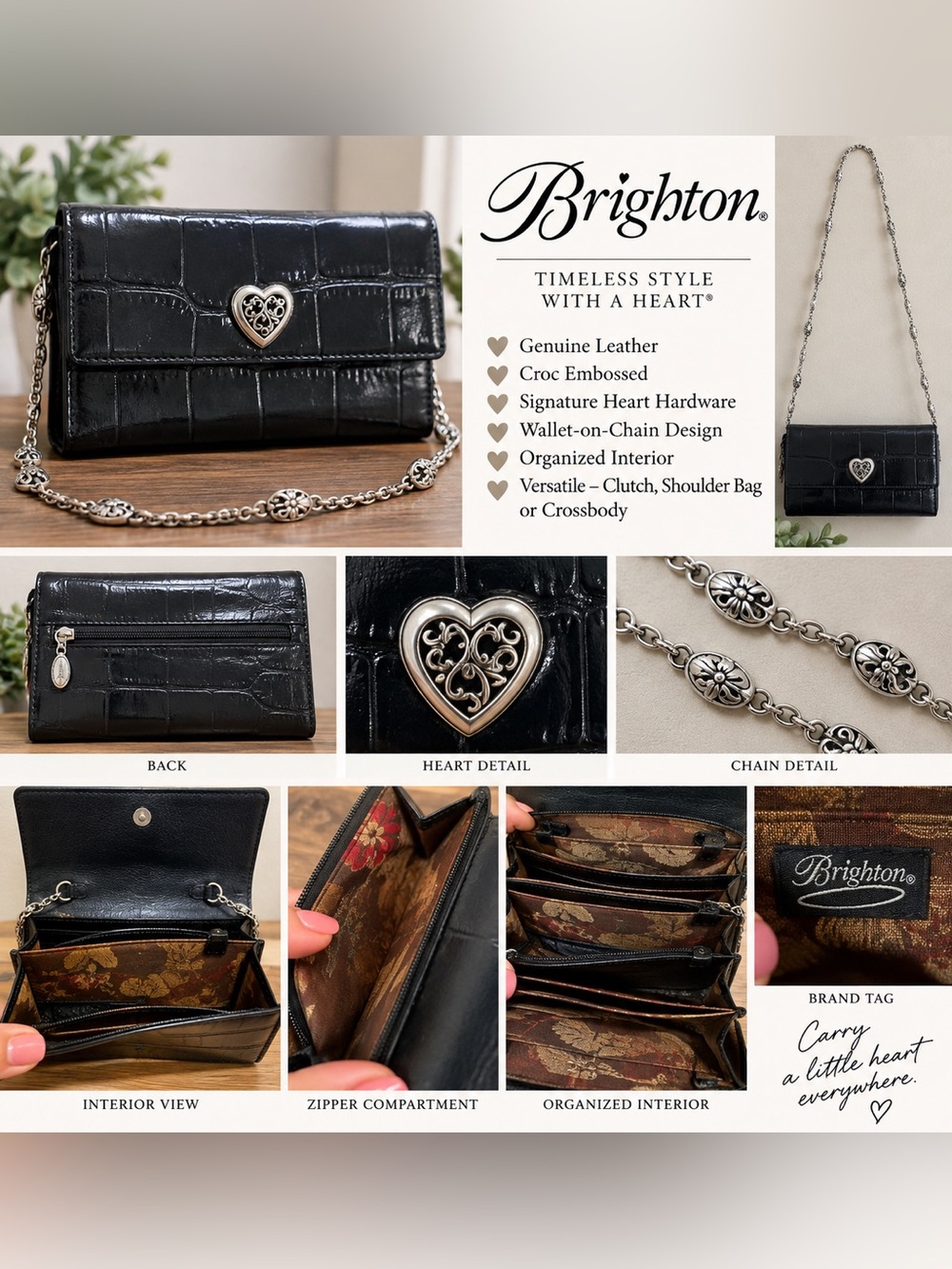 Brighton Black Croc-Embossed Wallet-on-Chain with Heart Hardware